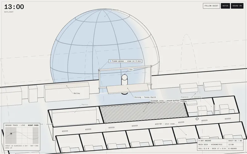 13:00, the window hour: the window bay with Earth beyond, drawn in axonometric