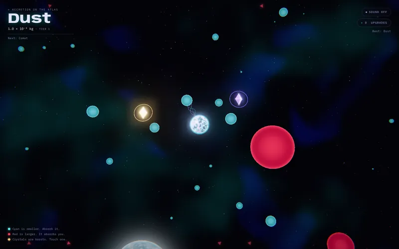 Dust tier: the player on its tether among cyan food, with a red body to avoid and two boost crystals