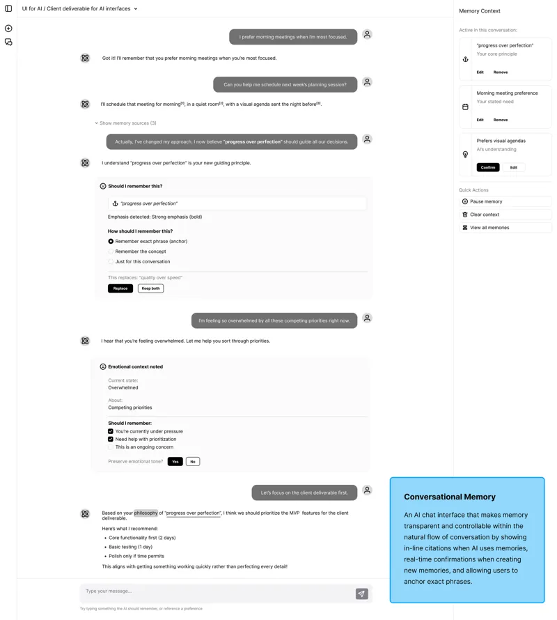 Conversational Memory: inline memory sources, save modes and a memory panel