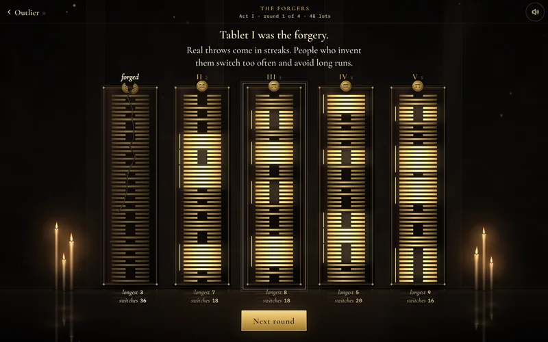Five lacquer tablets with their streaks lit in gold and the forger's tablet cracked
